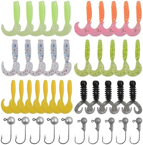 Soft Fishing Lures Jig Head Hooks Kit, Crappie Jigs Lures Kit Mixed Curly Grub Lures Tube Baits Soft Plastic Swimbaits for Bass Trout Panfish Saltwater Freshwater Fishing by OROOTL
