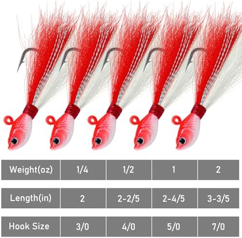 Alwonder 5-Pack Bucktail Jigs Hair Jigs Saltwater Freshwater Fishing Bucktail Lures Surf Fishing Jig Heads White Luminous Chartreuse Swimbait Jig for Bass Flounder Striper Bluefish Halibut Redfish - Image 7