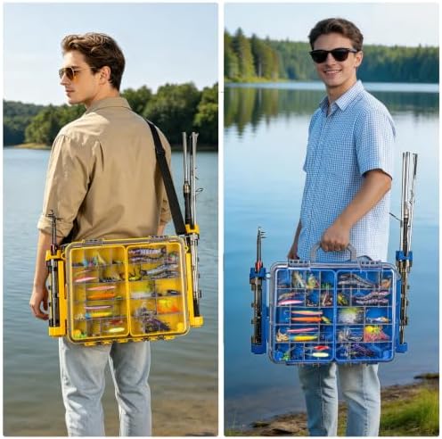 THKFISH Waterproof Double Side Tackle Box, Portable Storage Box with 2 Pack 3500 Stowaway Boxes & Rod Holders, Fishing Lure Organizer YellowPink/Green/Blue/Grey (L-Blue) - Image 2