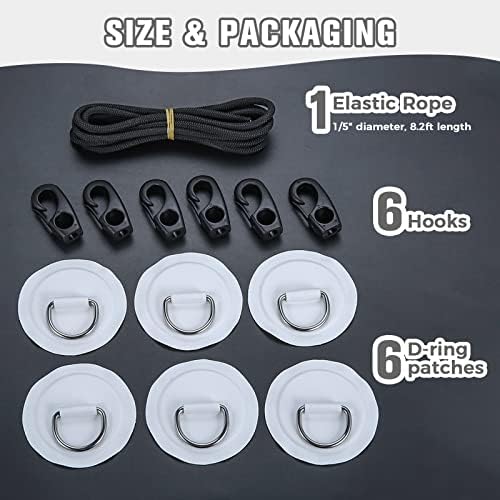 Yetaha 6 Pack Stainless Steel D Rings PVC Patch, 8.2ft Bungee Cord with Hooks Deck Rigging Kit for Inflatable Boat Kayak Dinghy SUP Deck Stand up Paddleboard Rafting Accessorie - Image 5