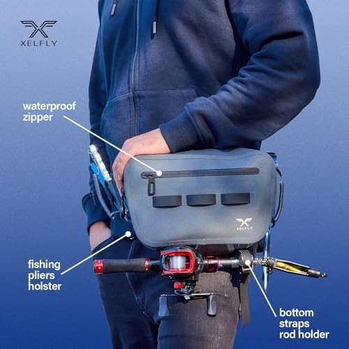 Xelfly Waterproof Fishing Waist Bag with Rod Holder, Padded Waist Straps & Gear Loops - Submersible Zipper, Rugged Top Handle, Adjustable Attachments (Gray) - Image 5