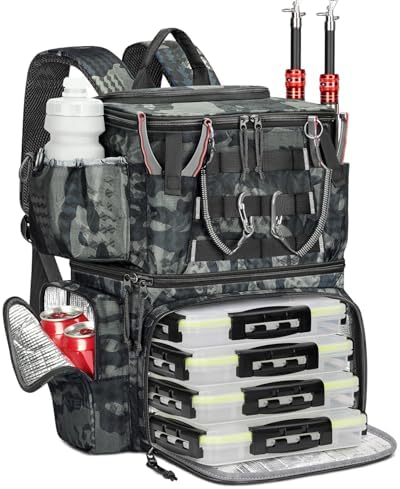 MATEIN Fishing Backpack with 4 Tackle Boxes, Fishing Bag with Rod Holder by MATEIN