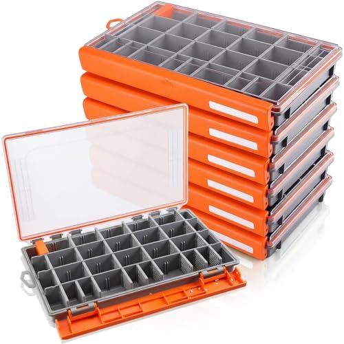 Junkin 6 Pack 3700 Fishing Tackle Boxes Waterproof, Large Orange Lure Organizer Trays with Custom Dividers, Airtight Tackle Storage Case for Saltwater Baits, Swimbaits & Boat Bag Accessories by Junkin