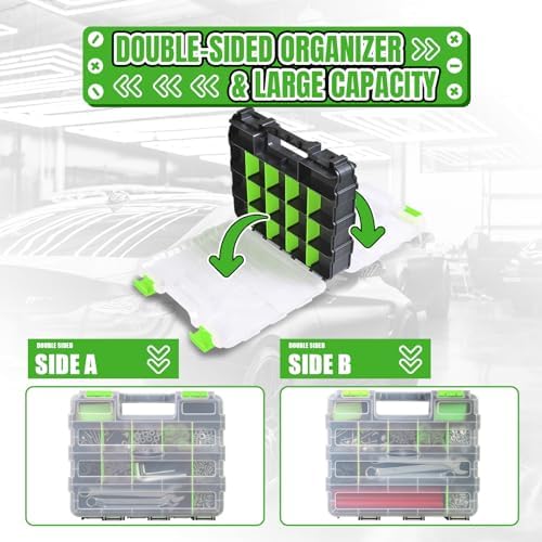 Jack Boss Tool Box with Transparent Lid, Double Side 34-Compartments Organizer Box with Removable Dividers for Hardware, Screws, Bolts, Nails, Beads, Jewelry and Fishing Accessories, Green, 4 Pack - Image 6