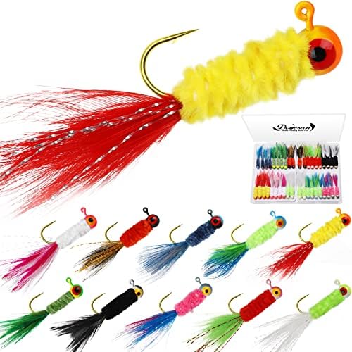 Dovesun Crappie Jigs, Jig Heads with Feather Hand-Tied Marabou Jigs Ice | Fly Fishing Lures 10 Colors 1/32oz 1/16oz 1/8oz Fishing Hair Jigs for Panfish Sunfish Walleye 20-40pcs by Dovesun