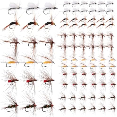 Outus 90 Pcs Fly Fishing Flies Kit Assortment for Trout Bass Salmon - Hand Tied Dry Wet Nymph Streamer Flies Set with 6 Classic Patterns & Sizes #10#12#14, Fly Box Refill Fishing Lures Sets Tackle by Outus