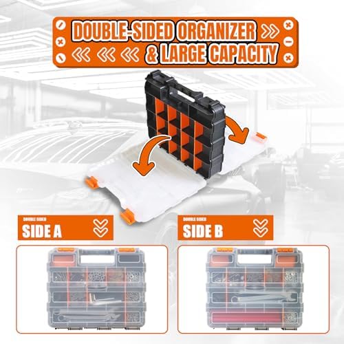 Jack Boss Tool Box with Transparent Lid, Double Side 34-Compartments Organizer Box with Removable Dividers for Hardware, Screws, Bolts, Nails, Beads, Jewelry and Fishing Accessories, Orange, 4 Pack - Image 6