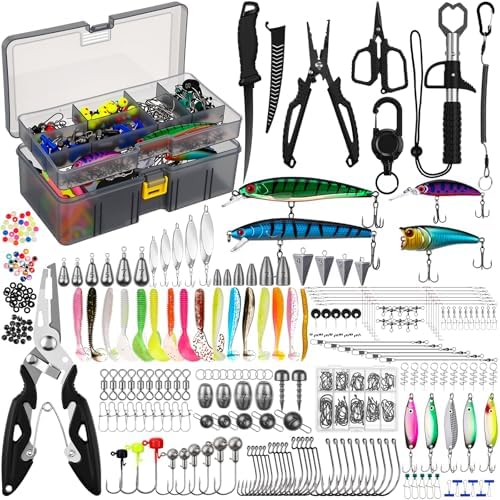 Fishing Lures Kit with Tackle Box, Pliers, Fish Gripper, Saltwater Freshwater Gear Set for Bass Trout, Hooks Weights Bobbers Rigs Leaders by Unknown