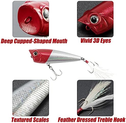 Alwonder 5-Pack Fishing Popper Lure, Fishing Top Water Lures Bass Lures Feathered Treble Hooks Rooster Tail Lure Plugs Hard Baits - Image 2