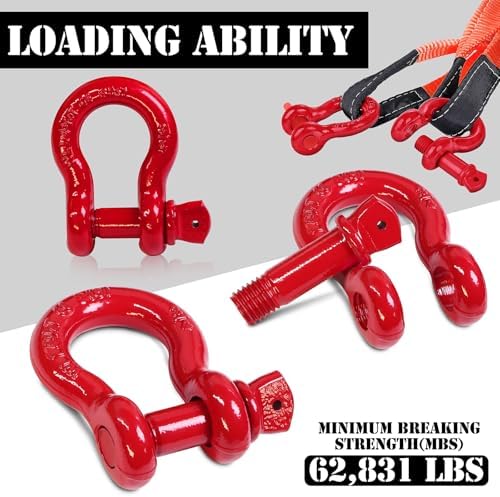3/4" D Ring Shackle with 7/8" Screw Pin, 4.75T Working Load Limit (WLL) / 28.5T (62,831 lb) Minimum Breaking Strength (MBS) for Tow Strap Winch, Off-Road Vehicle Recovery (Red, 2 Pack) - Image 3