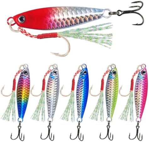 6 Pack 0.7oz Metal Jig Fishing Lures, Saltwater Freshwater Spoon Jigs with Storage Box & Treble Hooks by Unknown