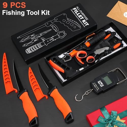 RoundFunny 9 Pcs Fishing Tool Kit, Fishing Pliers with Lanyard Sheath, Fillet Knife Kit Combo, Digital Scale, Hook Remover, Lip Gripper, Braid Scissors, Fish Gear Equipment Easter Gift Basket Men - Image 2