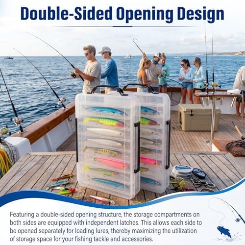 2 Pack Double Sided Fishing Lure Boxes 14 Compartments Waterproof Fishing Tackle Box Organizer with Handle, Portable Clear Hard Bait Storage Case for Jerkbait, Minnows & Hooks (White) - Image 6