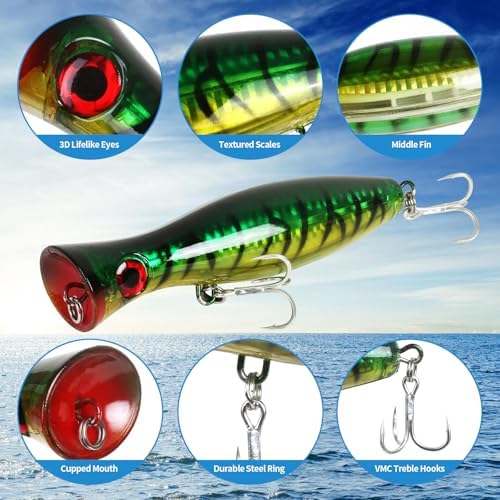 Large Top Water Popper Lure: 2pcs 3D Eyes Tuna Popper Saltwater Fishing Lures for Surf Fishing Gt Tuna Kingfish Large Predator Fish - Image 3