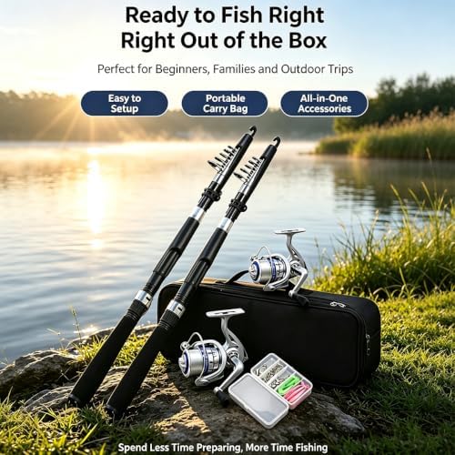 Fishing Pole Combo Set,2.1m/6.89ft 2PCS Collapsible Rods 2PCS Spinning Reels Lures Set Carrier Bag Carbon Fiber Telescopic Fishing Rods Sea Saltwater Freshwater Kit Fishing Rod Reel Combos - Image 4