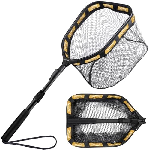 PLUSINNO Floating Fishing Net for Steelhead, Salmon, Fly, Kayak, Catfish, Bass, Trout Fishing, Rubber Coated Foldable Landing Net with Fixed or Telescoping Pole Handle, Fishing Gear and Gifts for Men by PLUSINNO