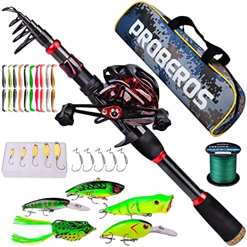 Fishing Rod and Reel Combo, 6.9ft Carbon Fiber Telescopic Fishing Pole with Spinning/Baitcasting Reel Combos, Sea Saltwater Freshwater Ice Bass Fishing Tackle Set Fishing Rods Kit by Proberos