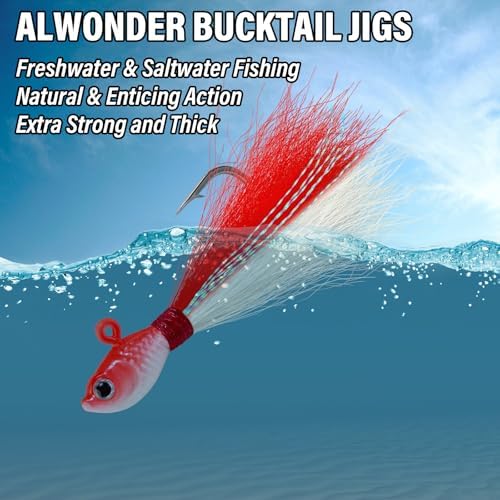 Alwonder 5-Pack Bucktail Jigs Hair Jigs Saltwater Freshwater Fishing Bucktail Lures Surf Fishing Jig Heads White Luminous Chartreuse Swimbait Jig for Bass Flounder Striper Bluefish Halibut Redfish - Image 5