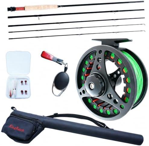 Fly Fishing Rod Combo, 4 Piece Portable 5/6WT Fly Rod with Extra Spare Tip, Pre-Loaded Fly Reel and Fly Line with Flies, Complete Starter Kit for Trout, Bass and Freshwater Fishing by KingKatch