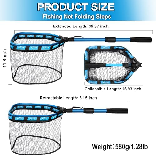 PLUSINNO Floating Fishing Net for Steelhead, Salmon, Fly, Kayak, Catfish, Bass, Trout Fishing, Rubber Coated Foldable Landing Net with Fixed or Telescoping Pole Handle, Fishing Gear and Gifts for Men - Image 3