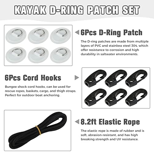 Yetaha 6 Pack Stainless Steel D Rings PVC Patch, 8.2ft Bungee Cord with Hooks Deck Rigging Kit for Inflatable Boat Kayak Dinghy SUP Deck Stand up Paddleboard Rafting Accessorie - Image 3