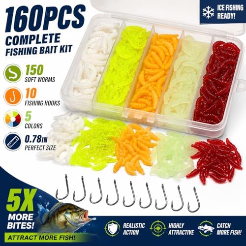 160PCS Ice Fishing Soft Plastic Worm Baits Kit, 5 Bright Colors Mini Soft Fishing Lures with 10 Hooks for Crappie, Trout, Bluegill, Perch & Panfish, Ice Fishing Jig Bait Set for Winter Fishing - Image 2
