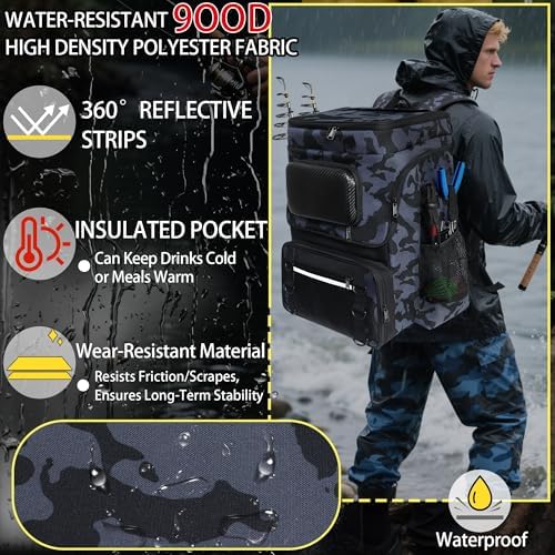 Fishing Backpack with Rod Holder X-Large 60L Tackle Gears Bag with Cooler for Storage Tackle Box and Fishing Accessories Stuff, Fish Gifts for Men Woman-Yellow Camo - Image 4
