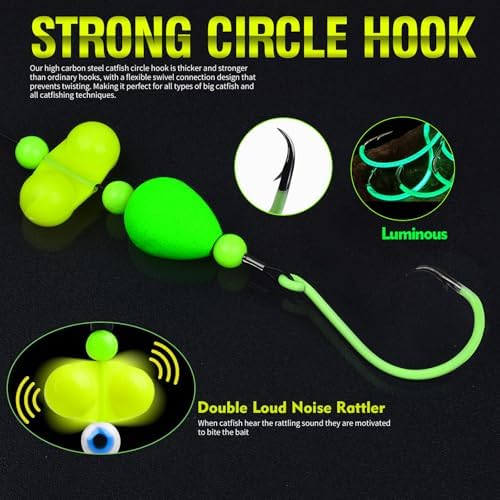 PROBEROS Catfish Fishing Rigs - Bank Fishing Set with 5pcs/Set, 6/0, 8/0, 10/0 Circle Hooks Circle Hooks, High Visibility, Ready to Use Catfish Rigs - Image 3