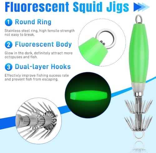Luminous Squid Jig Hooks Saltwater Glow Squid Jigs Fluoresent Cuttlefish Sleeve Fishing Jigs Squid Hard Night Fishing Bait Octopus Lure Glow in Dark Green Color - Image 2