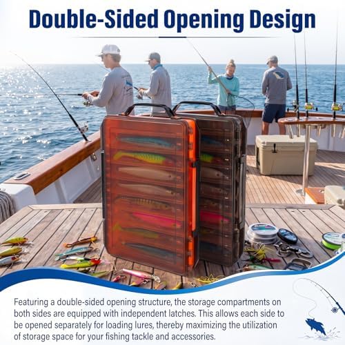 2 Pack Double Sided Fishing Lure Boxes 14 Compartments Waterproof Fishing Tackle Box Organizer with Handle, Portable Clear Hard Bait Storage Case for Jerkbait, Minnows & Hooks(Orange, Gray) - Image 6
