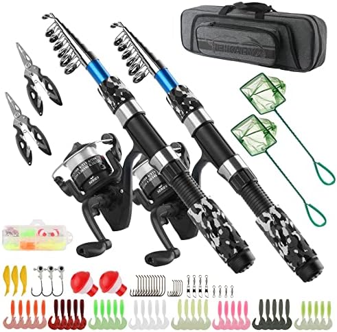 Fishing Rod Reel Combos Collapsible Fishing Rod Kit, 2PCS Telescopic Fishing Pole+2PCS Spinning Reels+Lures Hooks+Tackle Bag+Fishing Accessories Full Combo for Kids Youth by Hikary