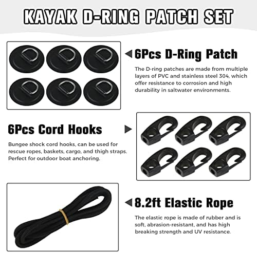 Yetaha 6 Pack Stainless Steel D Rings PVC Patch, 8.2ft Bungee Cord with Hooks Deck Rigging Kit for Inflatable Boat Kayak Dinghy SUP Deck Stand up Paddleboard Rafting Accessorie - Image 3