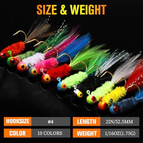 Dovesun Crappie Jigs, Jig Heads with Feather Hand-Tied Marabou Jigs Ice | Fly Fishing Lures 10 Colors 1/32oz 1/16oz 1/8oz Fishing Hair Jigs for Panfish Sunfish Walleye 20-40pcs - Image 4