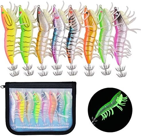 Glow Squid Jig Saltwater Squid Lures, 8pcs Luminous Shrimp Prawn Lures Fluorescent Cuttlefish Sleeve Octopus Jigs Artificial Baits for Octopus, Cuttlefish, Shrimp by AGOOL
