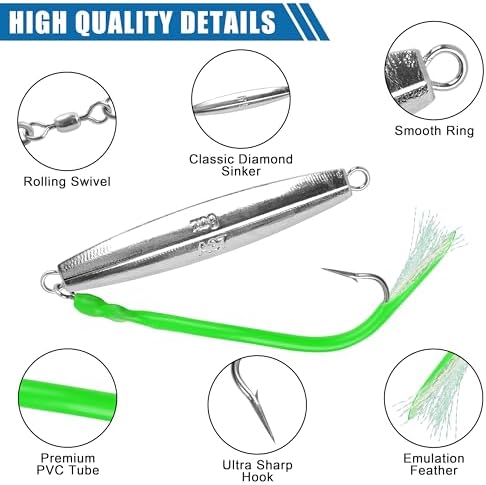 Diamond Jigs Saltwater Fishing Lures,Casting Jigging Spoon with Split Tube Tail Stainless Steel Hook Metal Jig Spoon Baits for Deep Sea Offshore Surf Fishing Bottom Sinking - Image 3