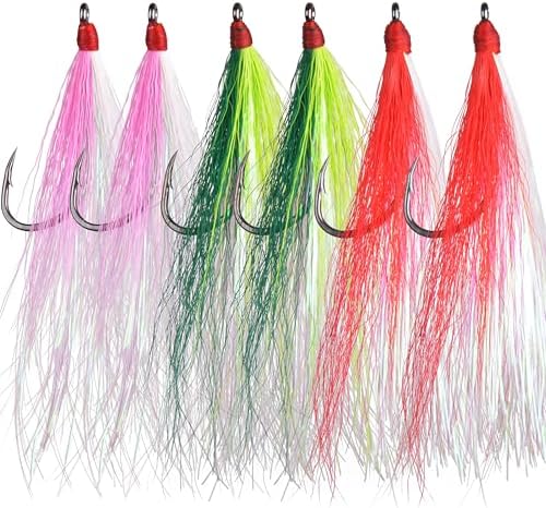 Bucktail Teasers Fishing Hooks Saltwater Flounder Rig Bucktail Mylar Teasers Inserted Fishing Teaser Hooks for Jigs Spoons Lures Hi/Lo Rig Striped Bass Bluefish Flounder Surf Bottom Fishing by AGOOL