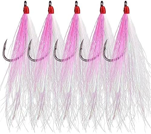 Fishing Bucktail Teaser Hooks,5pcs Saltwater Fishing Jig Teaser Lures with Carbon Steel Hooks Crystal Flash Flounder Rigs for Salmon Trout Sea Bass Steelhead by SILANON