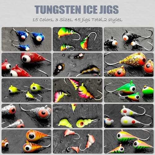 45Pcs Tungsten Ice Fishing Jigs Lures Kit, Micro Glow Tungsten Winter Jig Heads Hooks for Walleye Crappie Panfish Trout, Ice Fishing Gear Equipment Tackle Accessories - Image 2