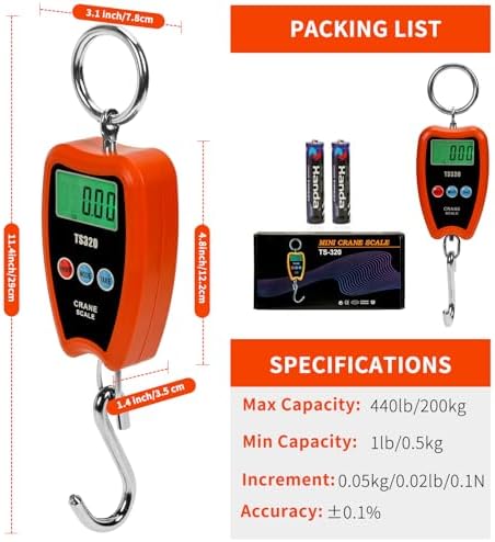 440lb/200kg Digital Crane Scale - Compact LCD Handheld Hanging Scale for Garage, Farm, Hunting, Fishing & More(200kg/Plastic/Orange) - Image 3
