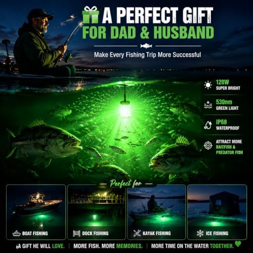 Underwater Fishing Light 120W 15000LM, 530nm Green Submersible Fish Attractant Light with 30FT Cord, 100–277V AC to 12V DC Adapter, 40FT Safety Cable, for Night Fishing, Dock, Boat - Image 5
