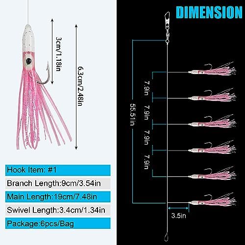 Fishing Bait Rigs Saltwater Set, 6 Packs Squid Bait Lure Rigs Surf Fishing Rigs with Glow Soft Squid Skirt Hook Swivel Snap for Freshwater Saltwater - Image 3