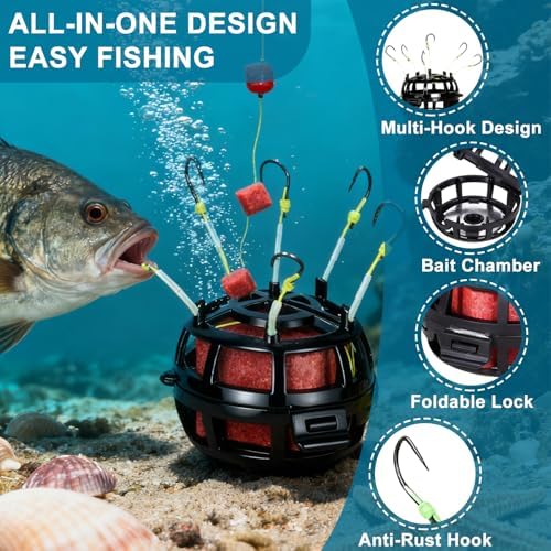 Keenjorika Reverse Bottom Bait Fishing Rig, 360° Floating Bait Cage 6 Hook Set for Tilapia, Carp, Bass, Trout & Catfish, Anti-Snag Design Fishing Tackle for Freshwater Saltwater, Fishing Lover Gifts - Image 2