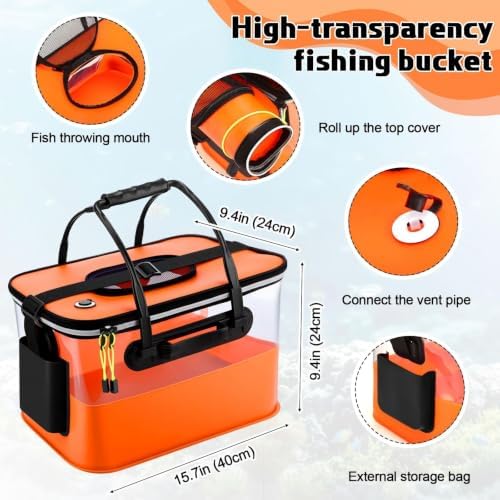 3 Pcs Fishing Bucket, Live Bait Aerator and Fishing Cast Net with Heavy Duty Sinker Foldable Live Bait Bucket Portable Quiet Aerator Fish Transport Container Outdoor EVA Bag - Image 2