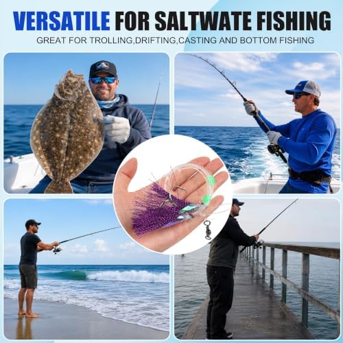 Fishing Bait Rigs Saltwater Set, Flounder Fluke Hi-Lo Rig with Flash Teaser 2 Hook Bottom Fishing Rigs Mackerel Rigs for Halibut Sea Bass Cod Rockfish Surf Pier Ocean Fishing - Image 7
