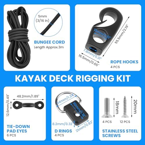 SDTC Tech Kayak Deck Rigging Kit 9.8 Feet Bungee Cord with 4 Bungee Cord Ends Hooks & 4 D-Rings and 6 Tie Down Pad Eyes - Image 2