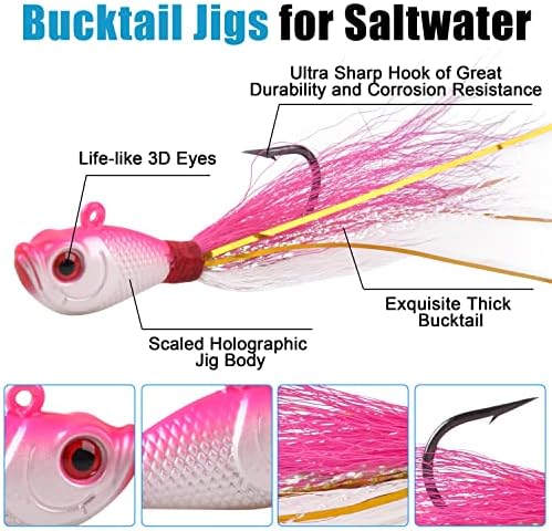 Bucktail Jigs Saltwater Hair Jig Lures, 5pcs Bucktail Jigs Fishing Lures Surf Fishing Jig Head Swimbait Jig Hook for Bass Flounder Striper 1/4oz 1/2oz 1oz 1.5oz - Image 2