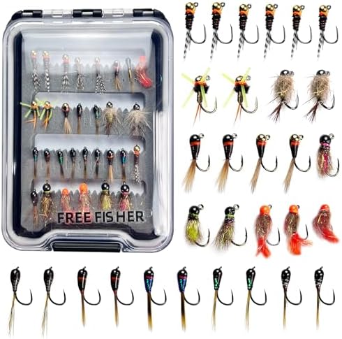 30Pcs Fishing Flies Kit, Tungsten Bead Head Wet Nyphms with Luminous Effect Midge Scuds Streamers Fishing Fly Lures with Box #10#12#14#16 by FreeFisher