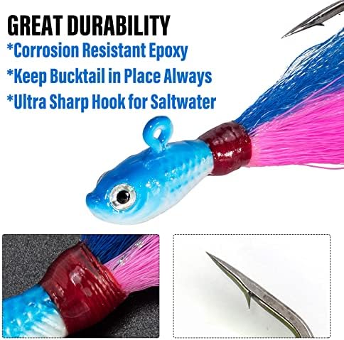 Dr.Fish 3 Pack Bucktail Jig Lure Hair Jig Saltwater Freshwater Lures Surf Fishing Bass Flounder Striper Bluefish Halibut Redfish - Image 5
