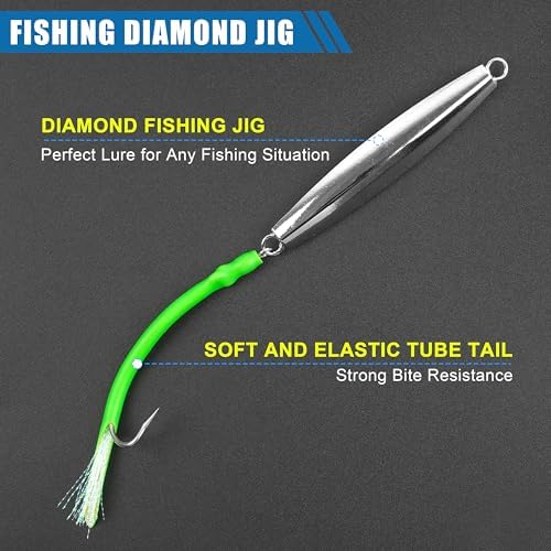 Diamond Jig Saltwater Fishing Lures Casting Jigging Spoon with Tube Tail Stainless Steel Hooks Trolling Lures Striped Bass Metal Jig for Deep Sea Surf Fishing Bottom Dragging Sinking - Image 4