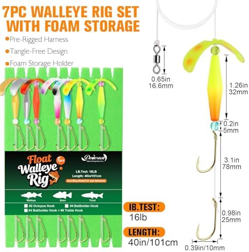 Dovesun Crawler Harness Walleye Rigs with Dual-Wing Blade, Float Walleye Spinner Rig for Slow Trolling (0.25 mph), Fluorocarbon Worm Harness, 2 Hook Walleye Fishing Rigs, 7 Pack - Image 6